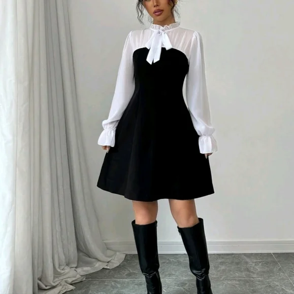 Fashion Slimming Waist A-Line Umbrella Black And White Dress, Elegant Patchwork - Picture 3 of 4